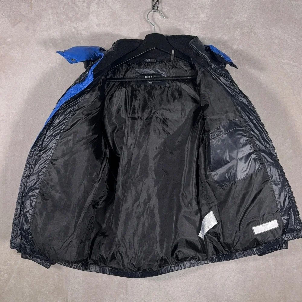 Diesel Puffer Jacket Boys Large Black Blue Hooded Quilted Winter Coat